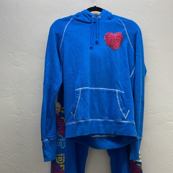 Love pink Victoria Secret set hoodie M pants S Blue & pink glitter bling heart - Picture 2 of 15